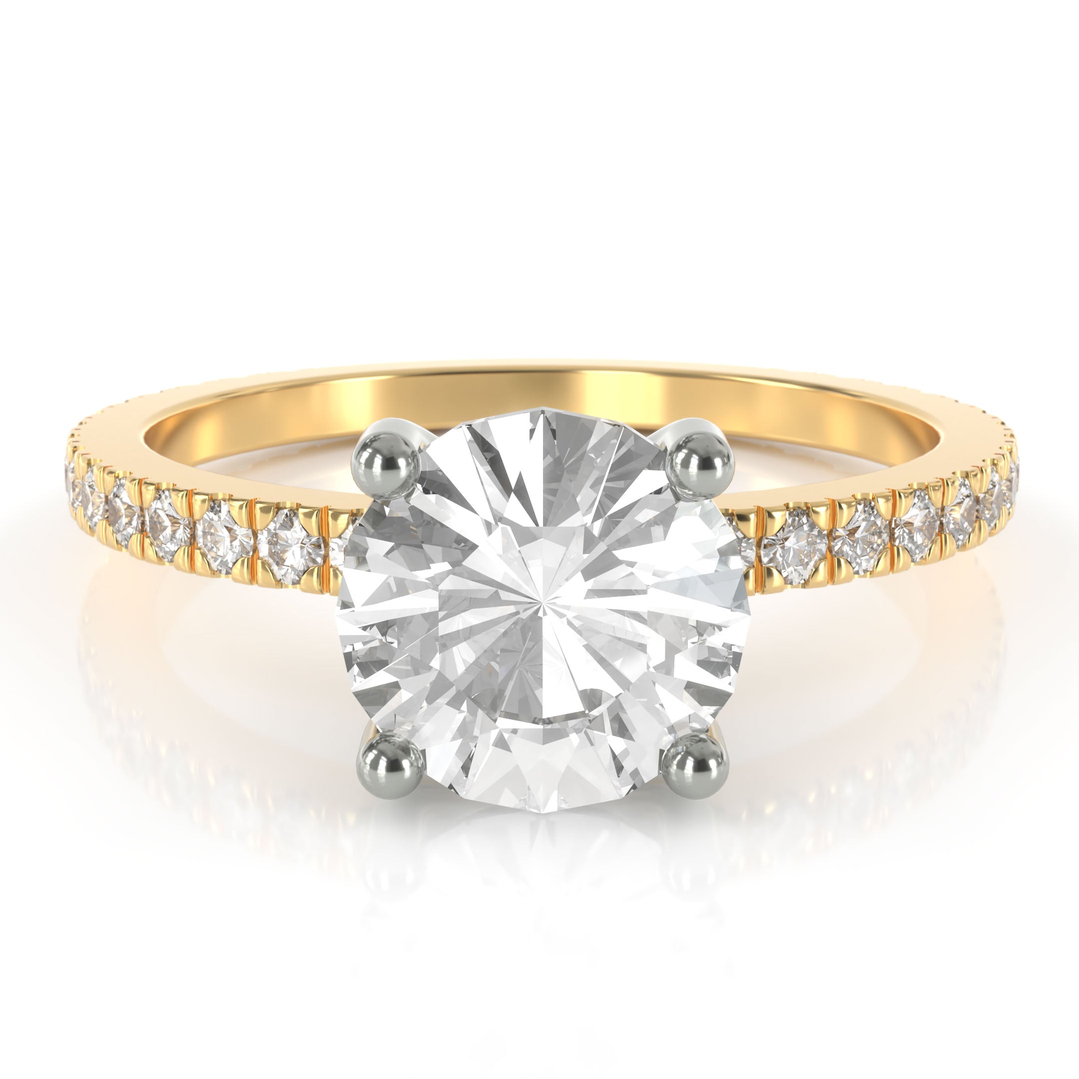 Round solitaire engagement ring with pave band - 18-karat gold with platinum prongs