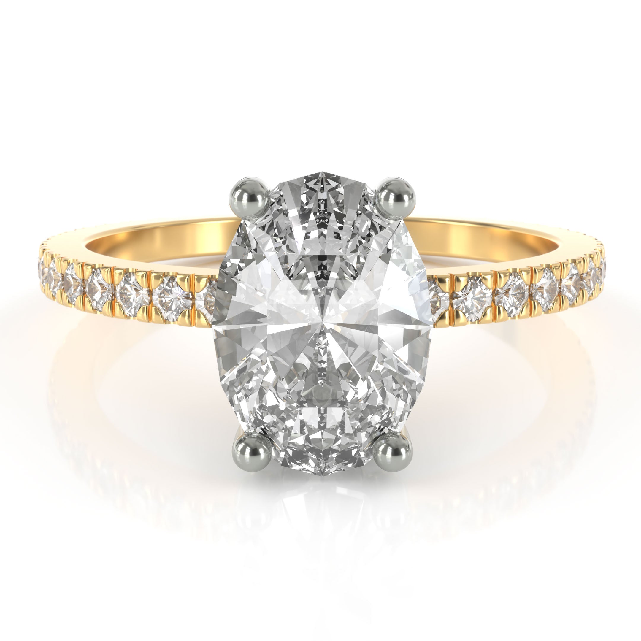 Ovaali solitaire sormus sivukivillä - 18k keltakulta & platinaistutus